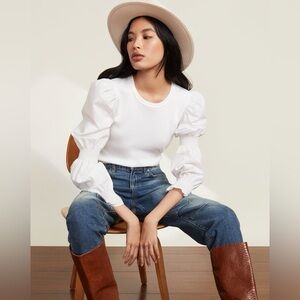 Veronica Beard Jeans Women's White Rib-Knit Puff Sleeve Effy Blouse Top Size L